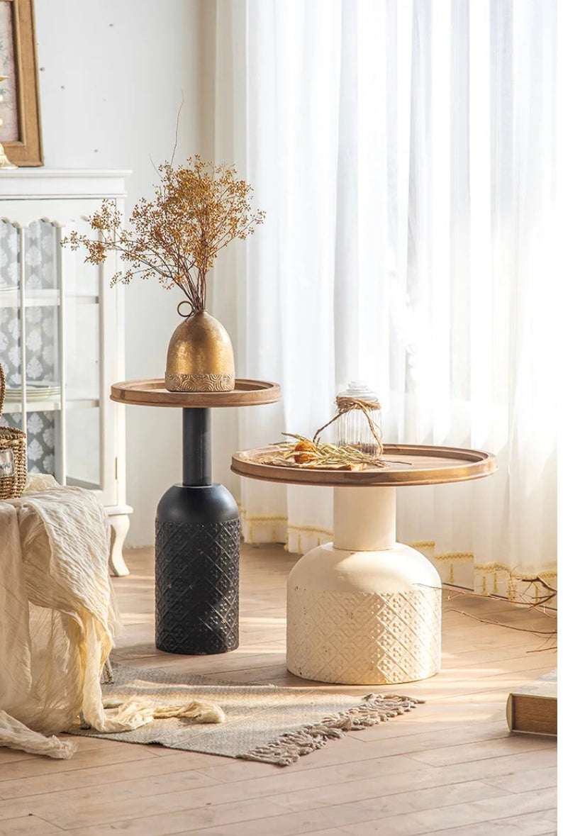 Classic Retro Nesting Tea Table - Carved Iron & Fir Wood Farmhouse Accent Table
