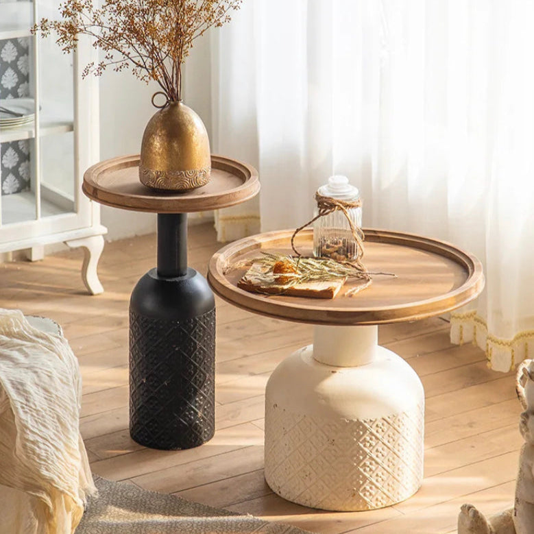Classic Retro Nesting Tea Table - Carved Iron & Fir Wood Farmhouse Accent Table