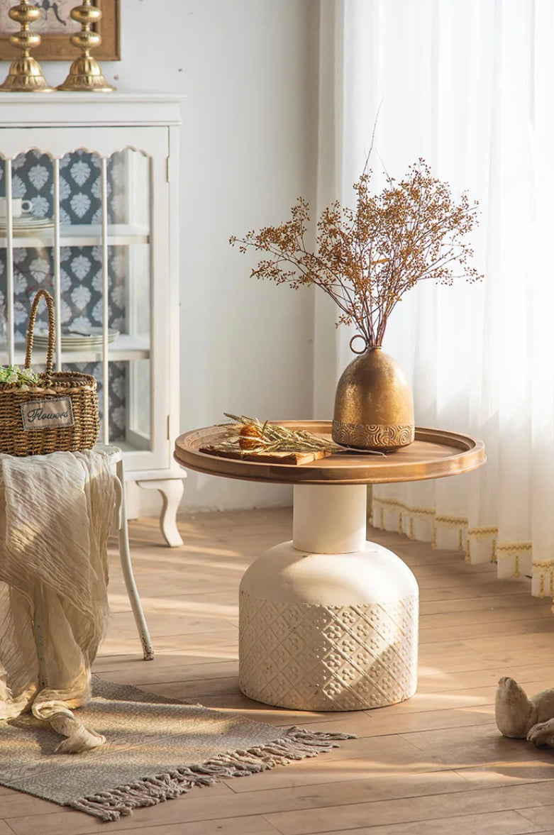 Classic Retro Nesting Tea Table - Carved Iron & Fir Wood Farmhouse Accent Table