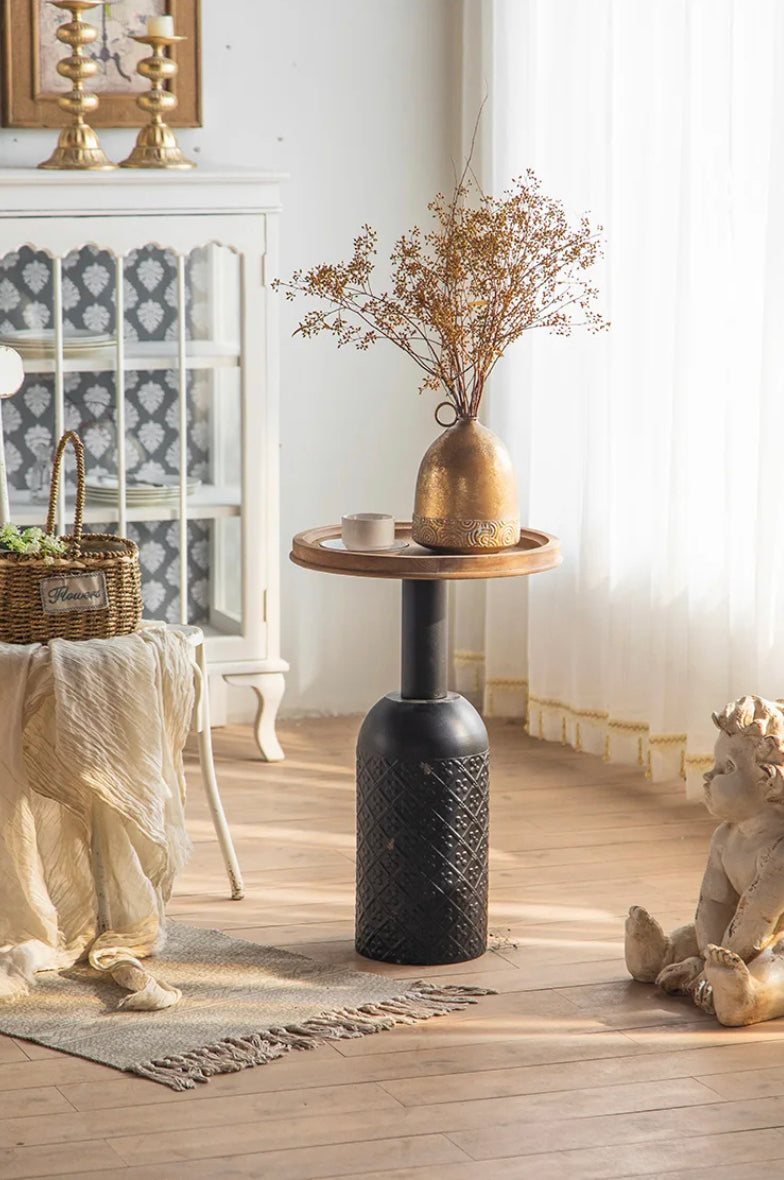 Classic Retro Nesting Tea Table - Carved Iron & Fir Wood Farmhouse Accent Table