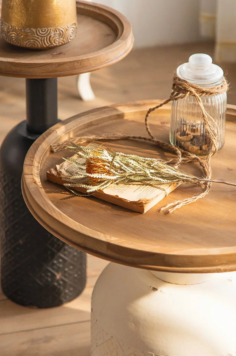 Classic Retro Nesting Tea Table - Carved Iron & Fir Wood Farmhouse Accent Table