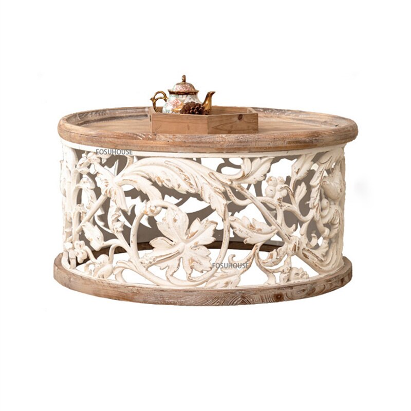 Coffee Tables Solid Wood Round Tisch Furniture Creative Retro Couchtisch Carved Side Tables