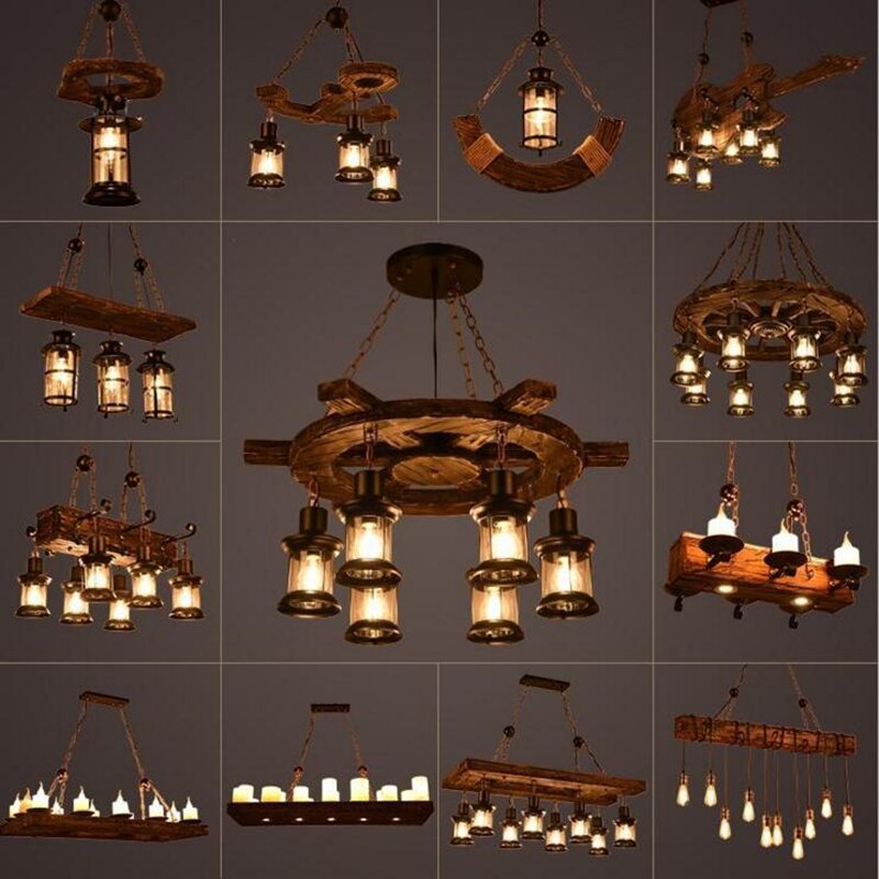 Pendant Light Antique Industrial Retro Wood E27 LED Ceiling Chandelier Wood Pendant Lights