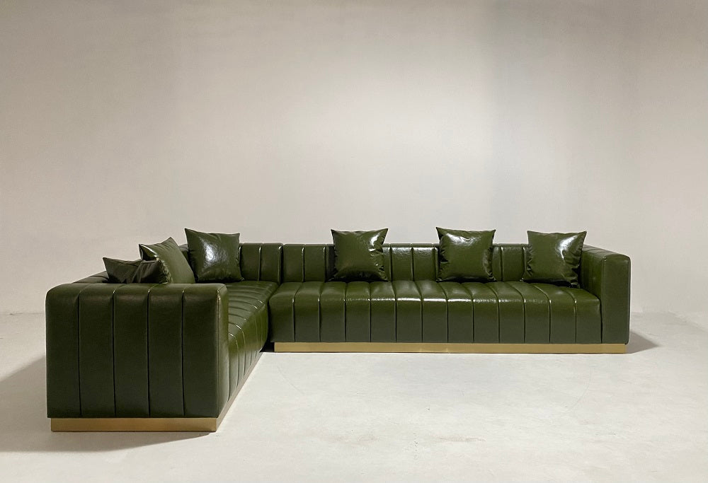 L Shaped Sofa Green Leather Upholstery Sectional Sofa Set Fall Winter Interior Design