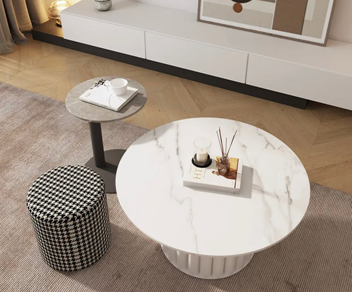 Modern Slate & Wood Nesting Coffee Table - Round Marble-Top Accent End Table