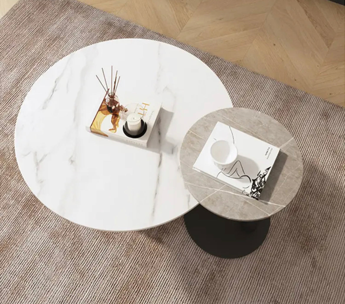 Modern Slate & Wood Nesting Coffee Table - Round Marble-Top Accent End Table