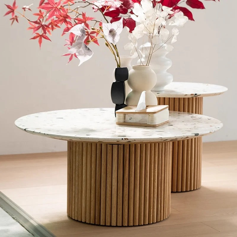 Light Luxury Marble & Wood Nesting Coffee Tables, Modern Round Art Design
