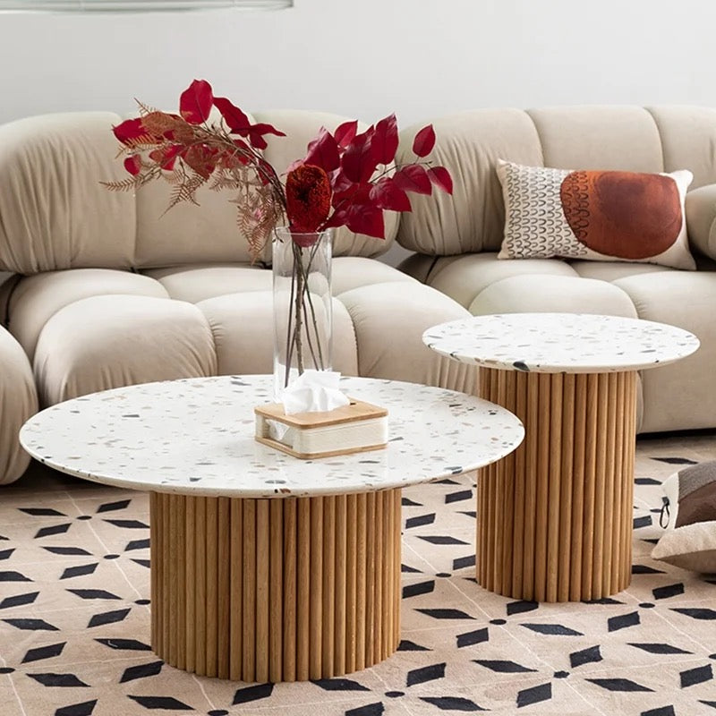 Light Luxury Marble & Wood Nesting Coffee Tables, Modern Round Art Design