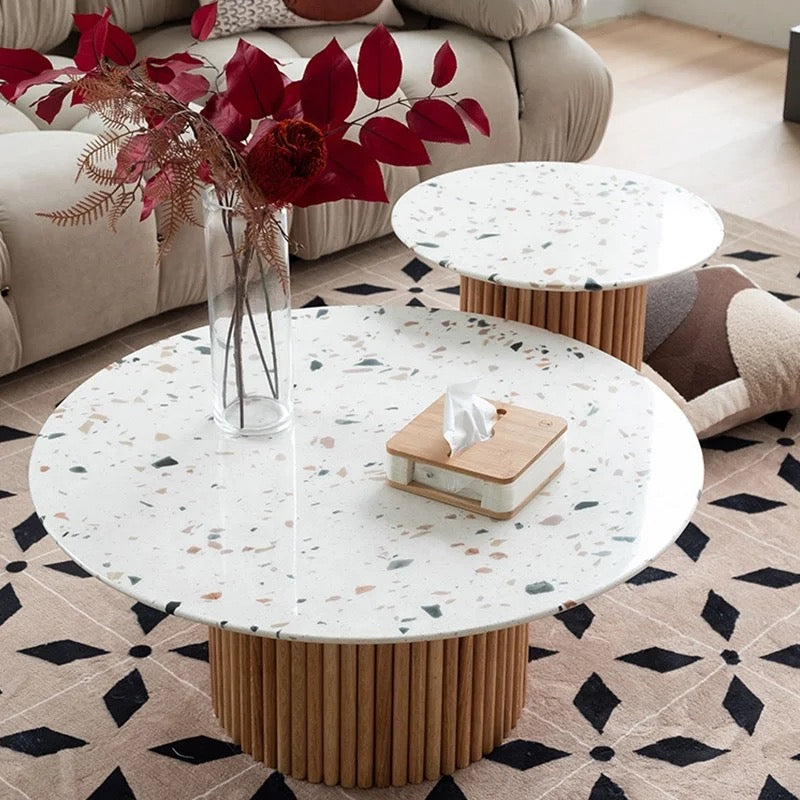 Light Luxury Marble & Wood Nesting Coffee Tables, Modern Round Art Design