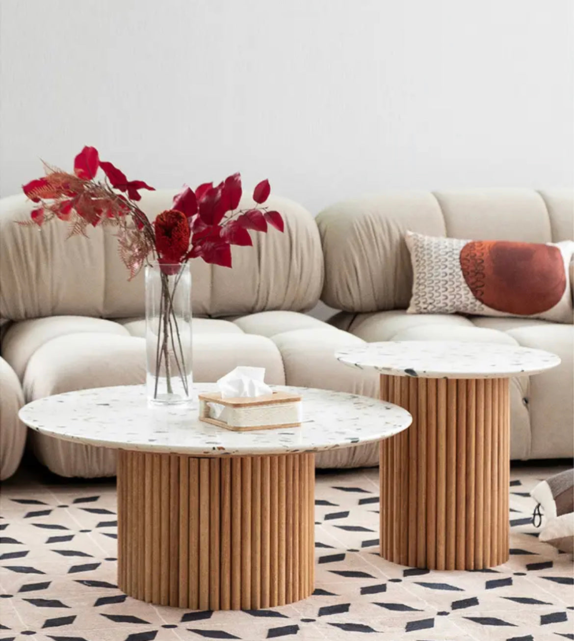 Light Luxury Marble & Wood Nesting Coffee Tables, Modern Round Art Design