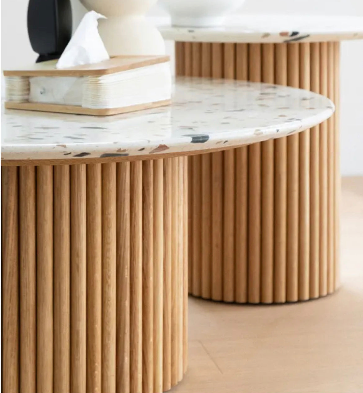 Light Luxury Marble & Wood Nesting Coffee Tables, Modern Round Art Design