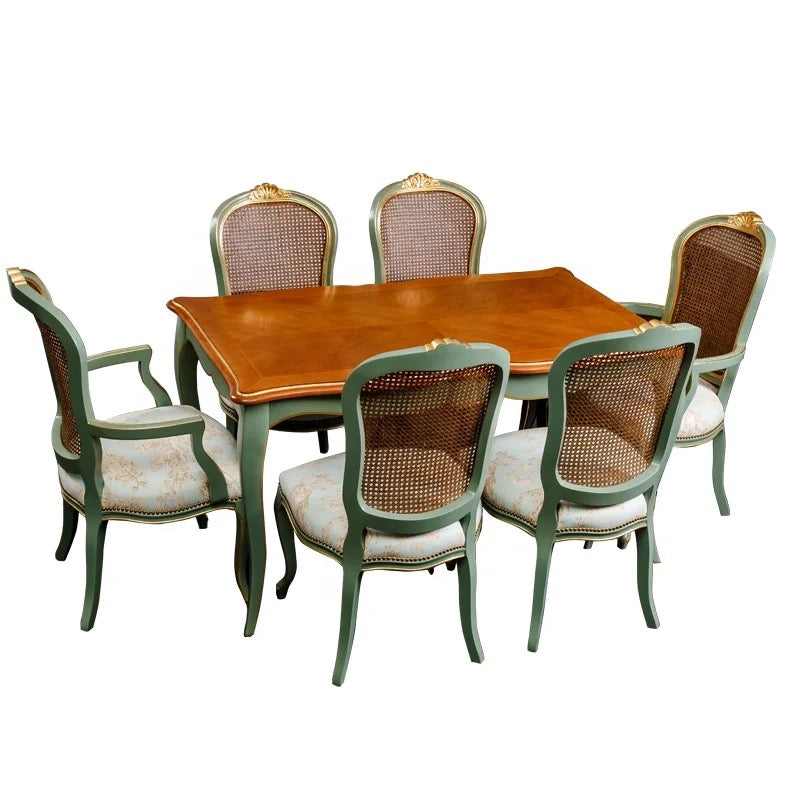 Dynasty American Style Rattan & Leather Dining Table Set - Post-Modern Antique Design