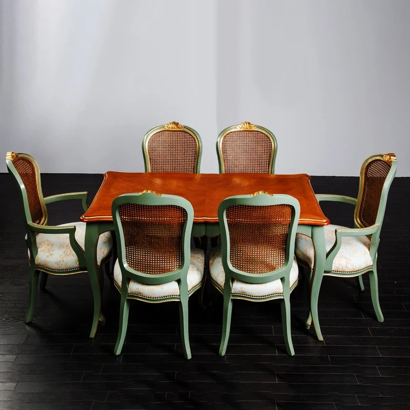 Dynasty American Style Rattan & Leather Dining Table Set - Post-Modern Antique Design