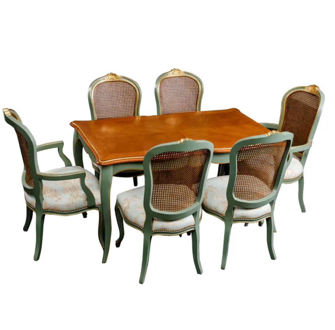 Dynasty American Style Rattan & Leather Dining Table Set - Post-Modern Antique Design