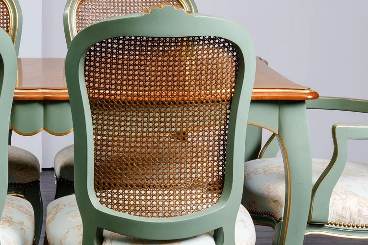 Dynasty American Style Rattan & Leather Dining Table Set - Post-Modern Antique Design