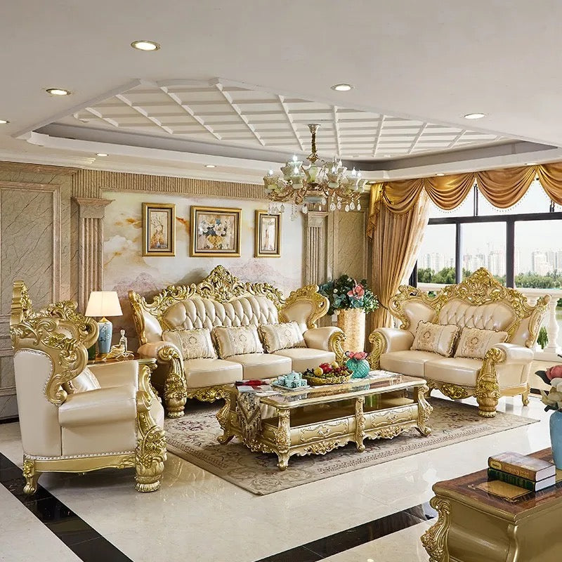 2023 New Arrival Antique European Sofa Baroque Style Classic Design Real Leather Sofa Set