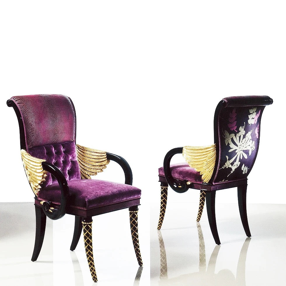 Loyal TF Neoclassic Carved Wood Armchair, Golden Angel Purple Velvet Dining Chair