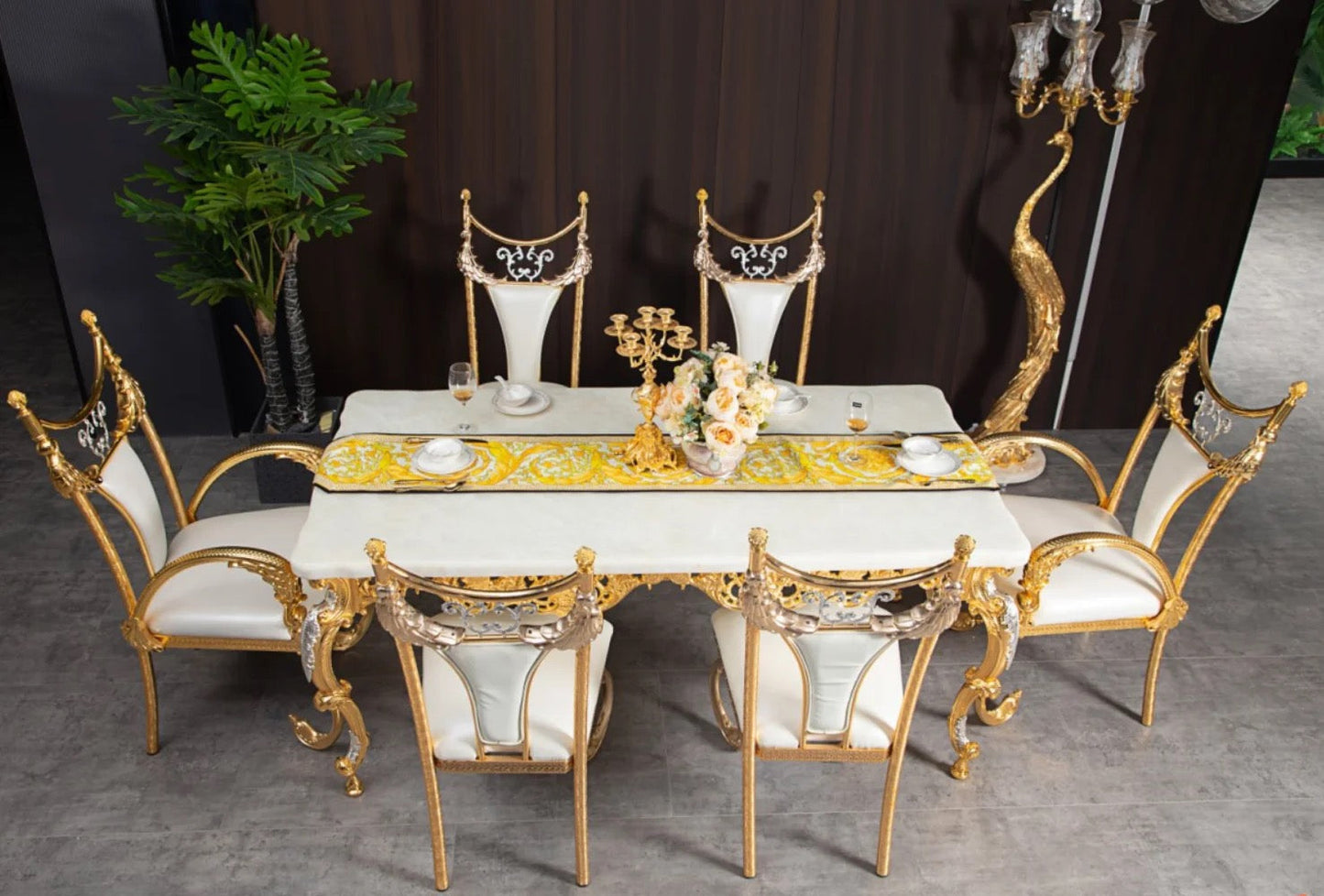 Royal Luxury Marble Dining Table with Golden Copper Frame - Baroque Design