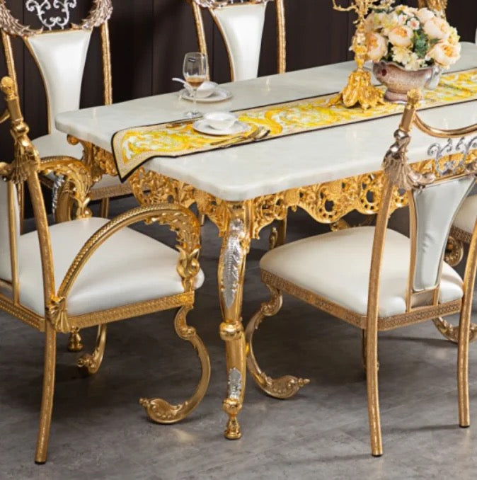 Royal Luxury Marble Dining Table with Golden Copper Frame - Baroque Design