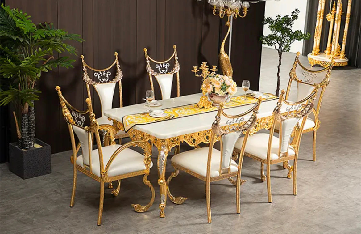 Royal Luxury Marble Dining Table with Golden Copper Frame - Baroque Design