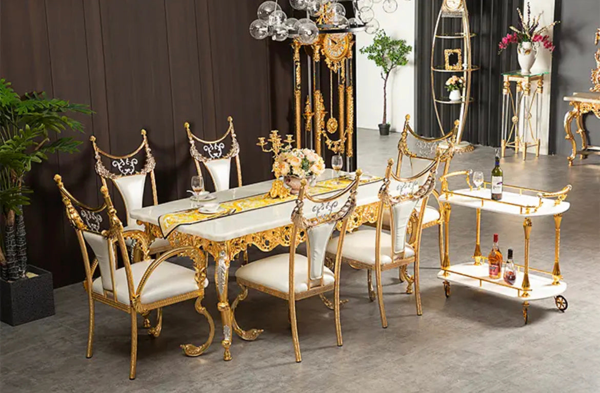 Royal Luxury Marble Dining Table with Golden Copper Frame - Baroque Design