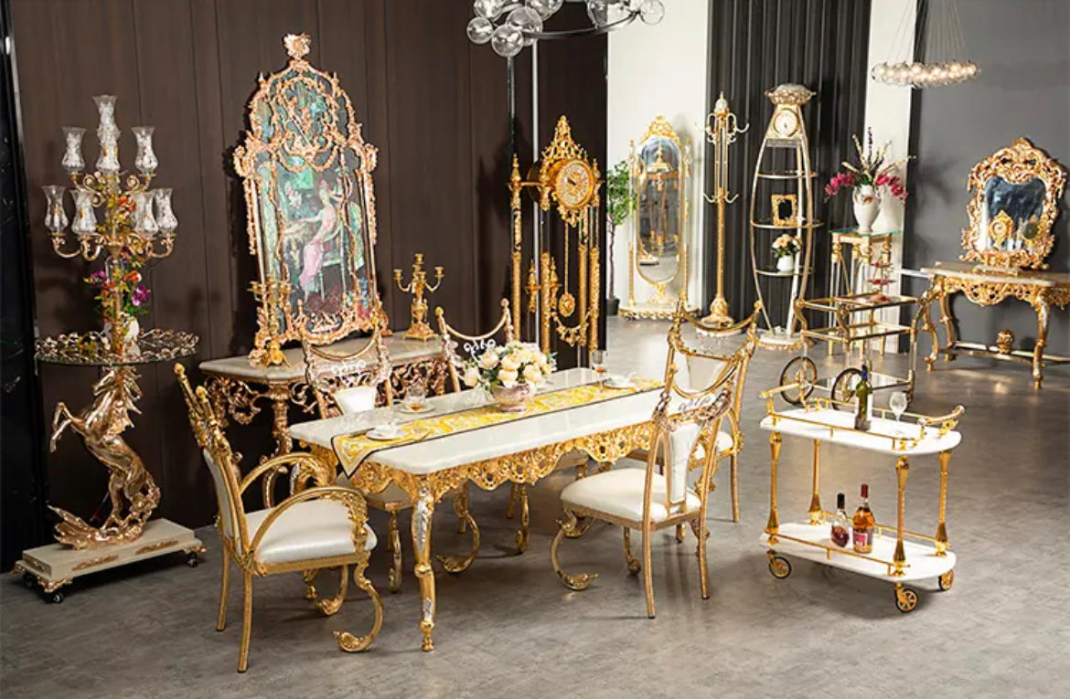 Royal Luxury Marble Dining Table with Golden Copper Frame - Baroque Design