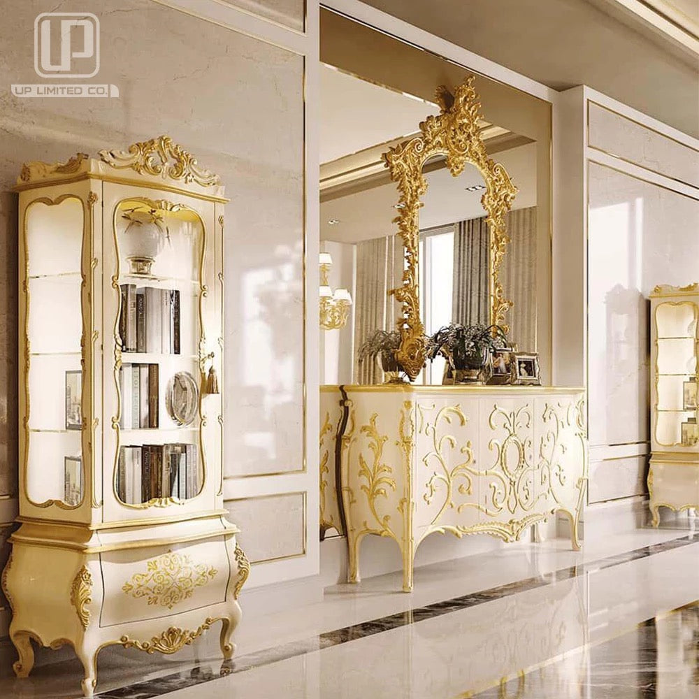 Neoclassical Baroque Luxury Solid Wood 8-Seater Dining Table Set with Marble Top - Handcrafted in Germany