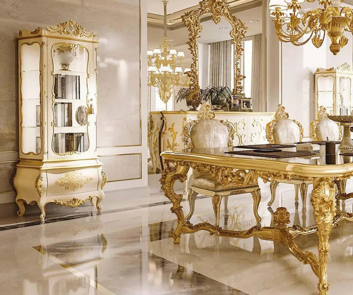 Neoclassical Baroque Luxury Solid Wood 8-Seater Dining Table Set with Marble Top - Handcrafted in Germany