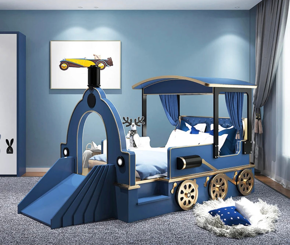 Children's Bedroom Furniture Design Solid Wood Kids Baby Safety Train Shape Beds