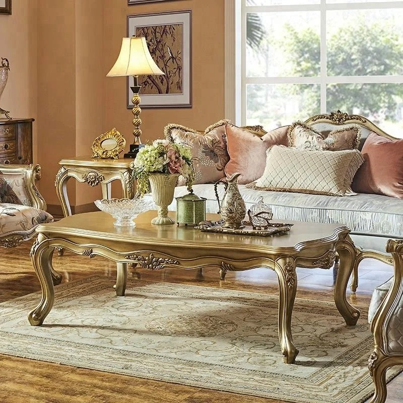 French Baroque Solid Birch Coffee Table - Antique Gold Adjustable Accent Table