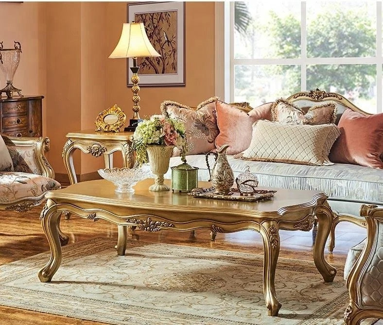 French Baroque Solid Birch Coffee Table - Antique Gold Adjustable Accent Table
