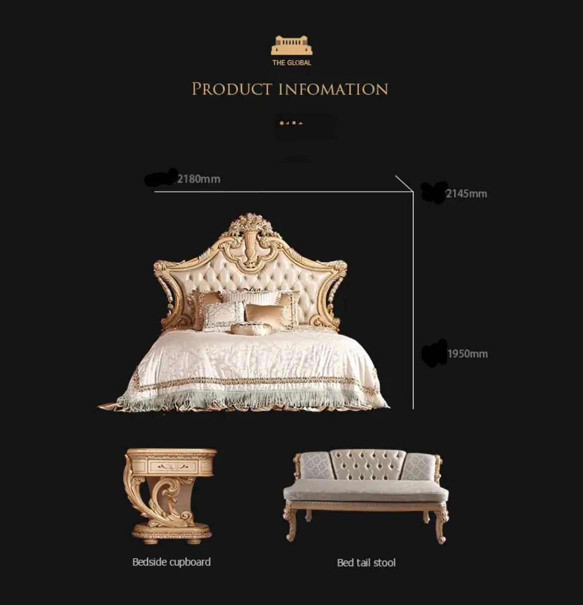 Lit King Size en bois massif et cuir, meuble de chambre au Design Royal baroque français