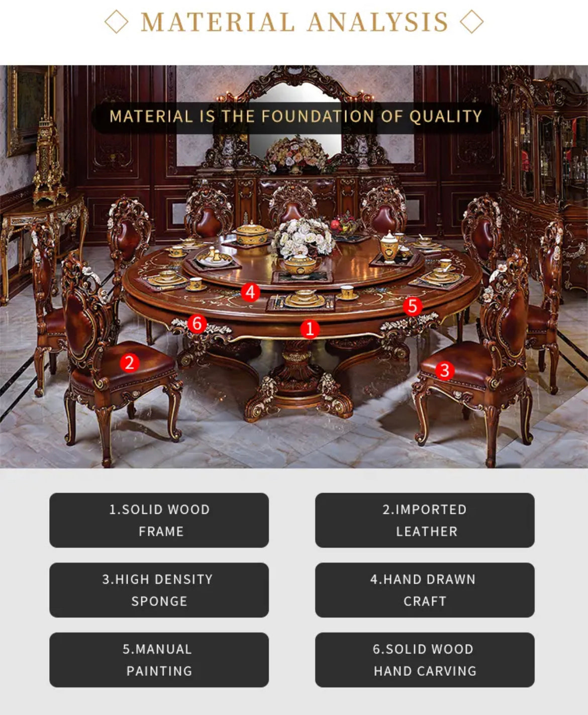 ELLE CASA French Baroque Luxury Dining Table - Hand-Carved Solid Wood Antique Set