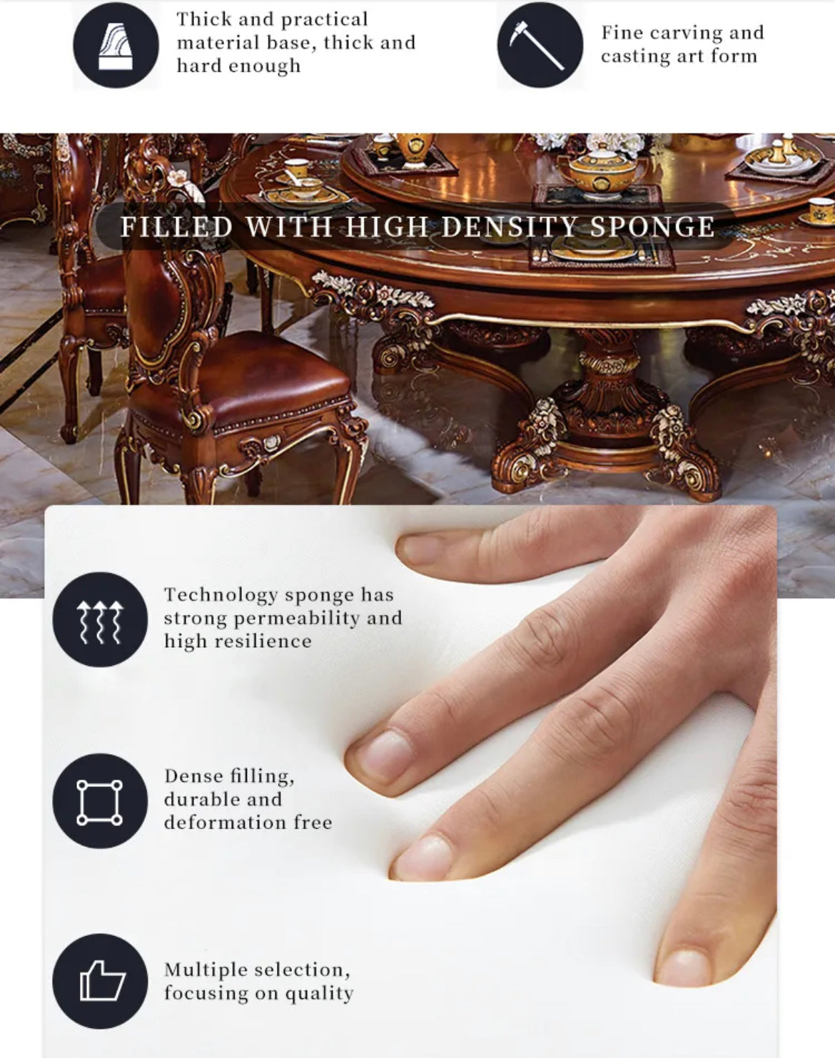 ELLE CASA French Baroque Luxury Dining Table - Hand-Carved Solid Wood Antique Set