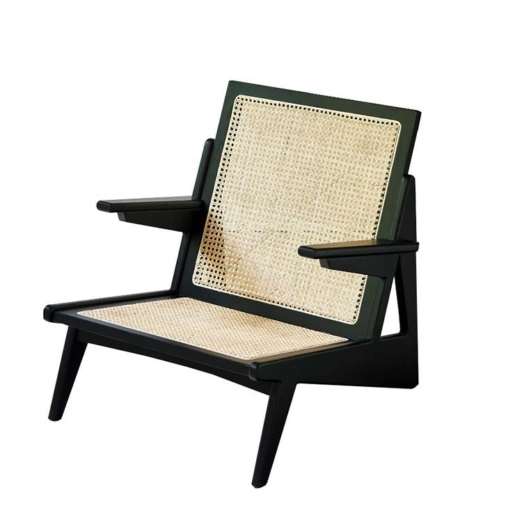 Modern Rattan Leisure Chair, Solid Ash Wood Lounge Armchair with Backrest