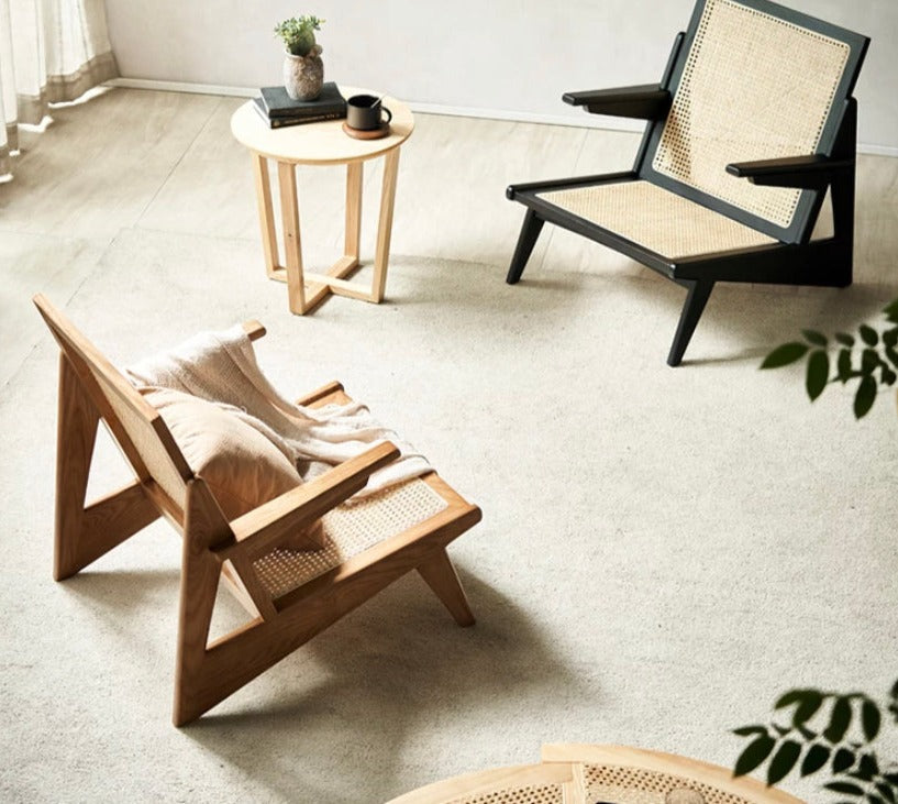 Modern Rattan Leisure Chair, Solid Ash Wood Lounge Armchair with Backrest