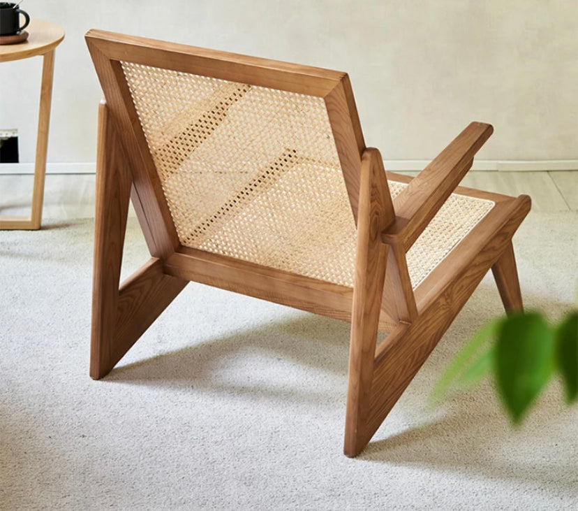 Modern Rattan Leisure Chair, Solid Ash Wood Lounge Armchair with Backrest