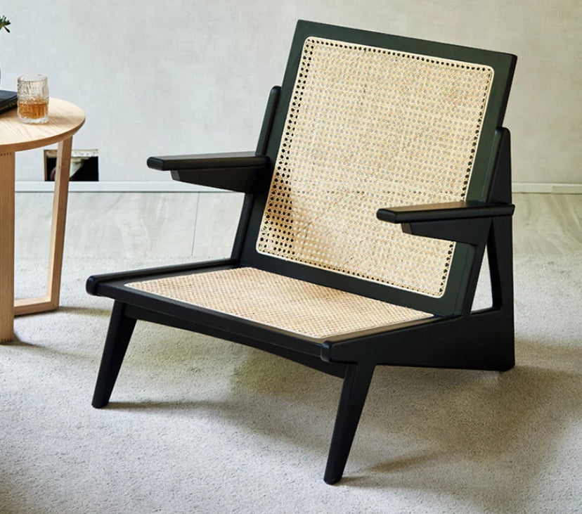 Modern Rattan Leisure Chair, Solid Ash Wood Lounge Armchair with Backrest