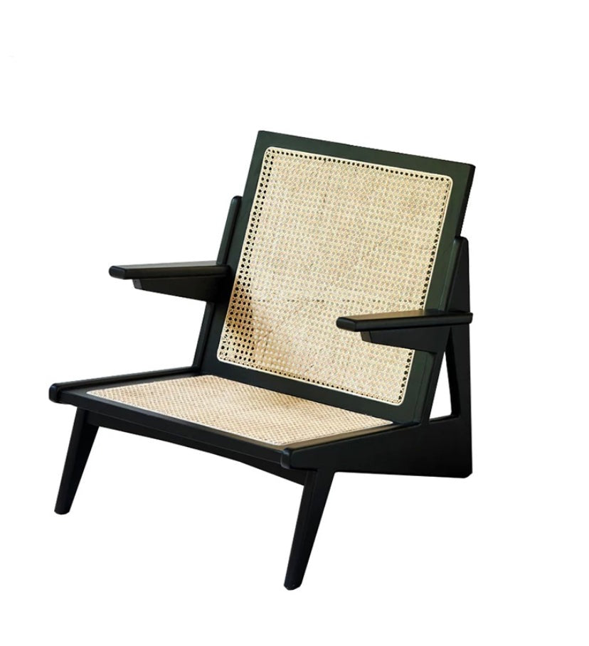 Modern Rattan Leisure Chair, Solid Ash Wood Lounge Armchair with Backrest