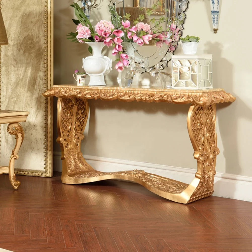 Antique Baroque Console Table - Golden Louis XVI Carved Wood & Marble Hallway Accent