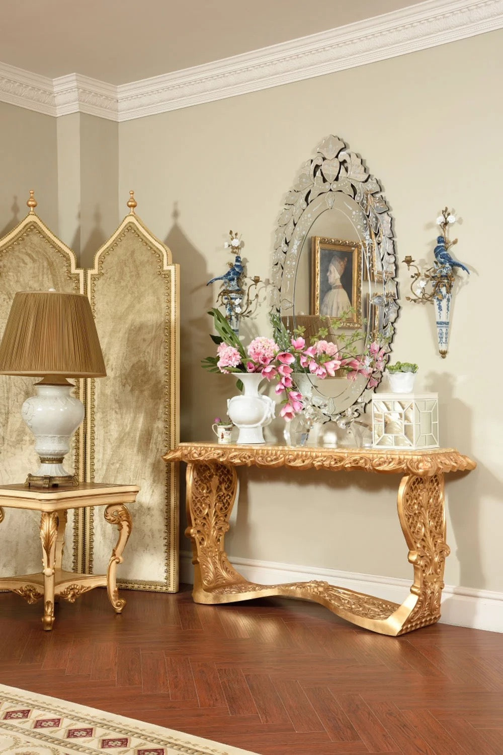 Antique Baroque Console Table - Golden Louis XVI Carved Wood & Marble Hallway Accent
