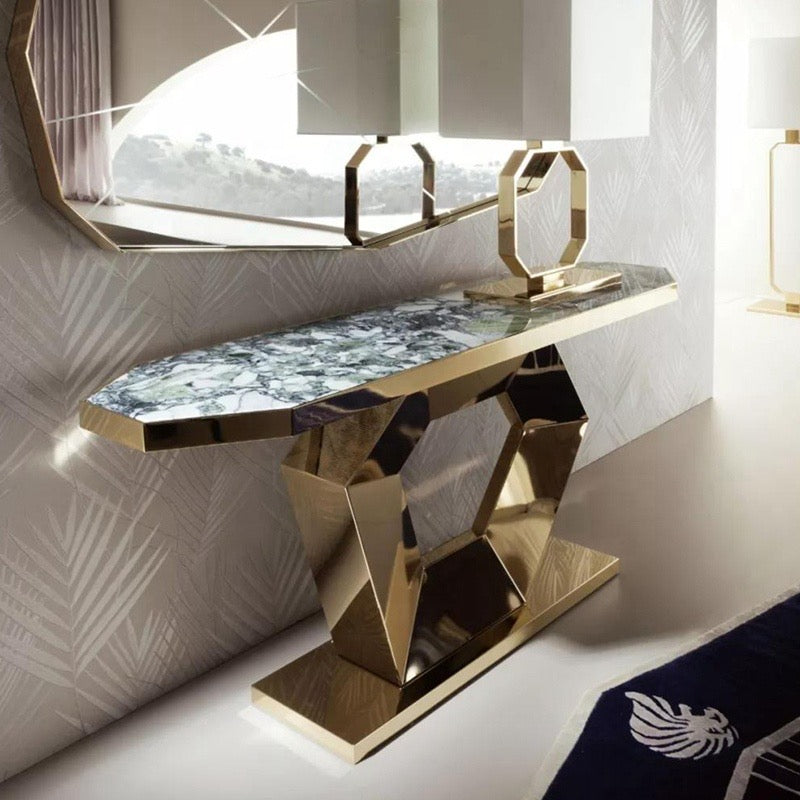 Minwall Luxury Golden Console Table - Mirrored Glass & Marble Hallway Accent