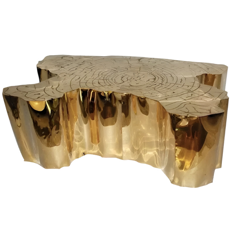 Golden Tree Stump Round Coffee Table, Luxury Glass & Stainless Steel