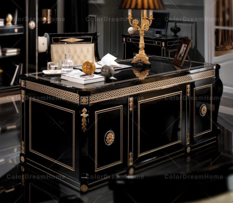 French Luxury Black Wooden Office Furniture Set Baroque Office Furniture Design