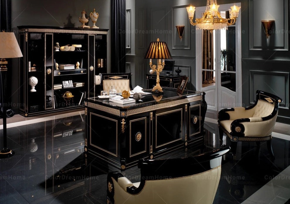 French Luxury Black Wooden Office Furniture Set Baroque Office Furniture Design