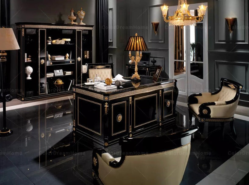 French Luxury Black Wooden Office Furniture Set Baroque Office Furniture Design