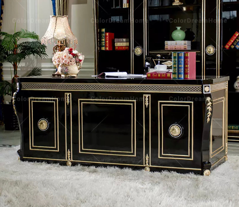 French Luxury Black Wooden Office Furniture Set Baroque Office Furniture Design