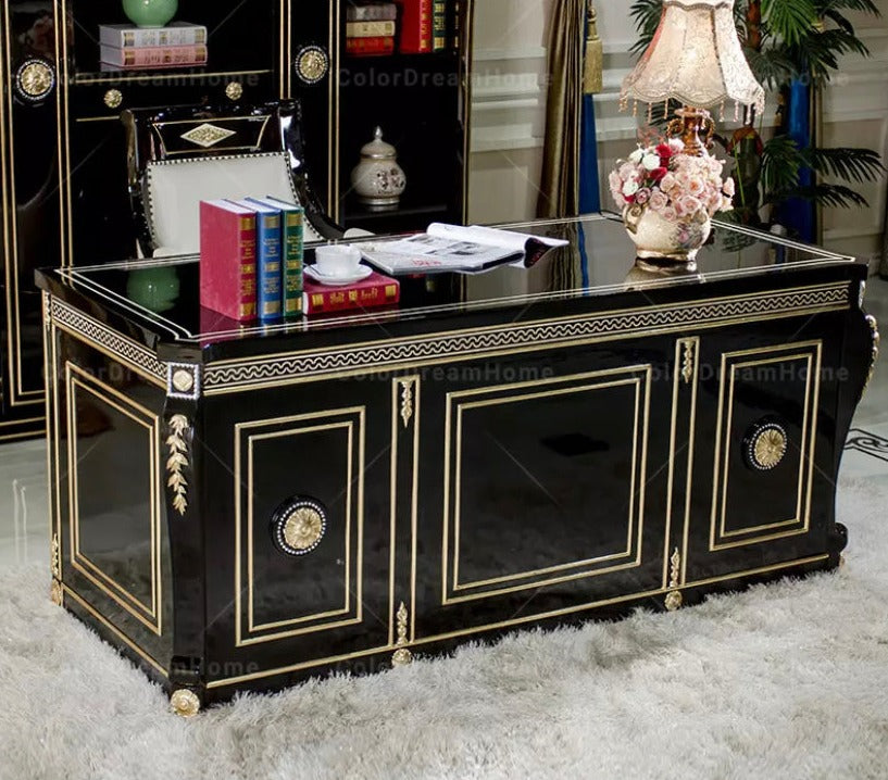 French Luxury Black Wooden Office Furniture Set Baroque Office Furniture Design