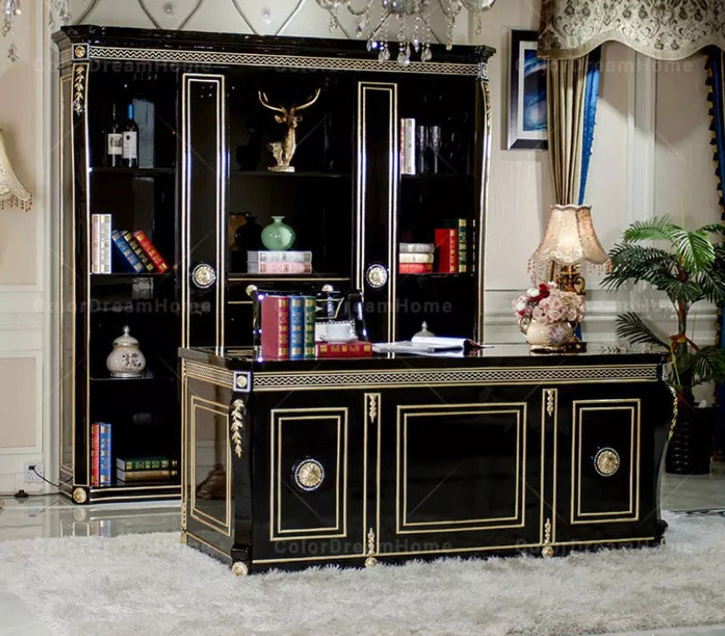 French Luxury Black Wooden Office Furniture Set Baroque Office Furniture Design