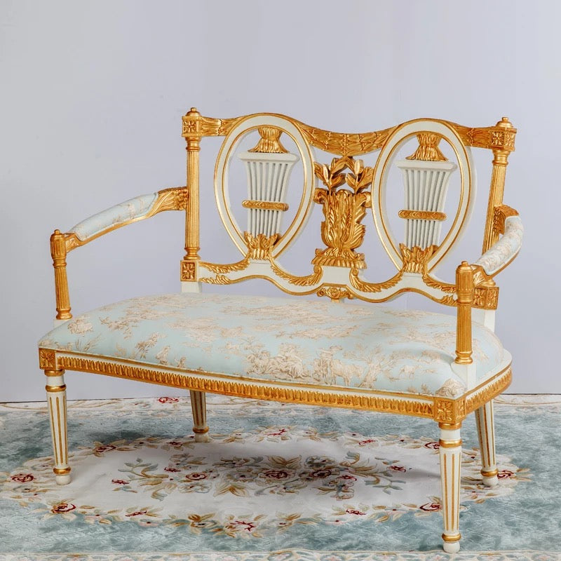 Baroque Double Bench Chair - Carved Armrest, Silk Upholstery